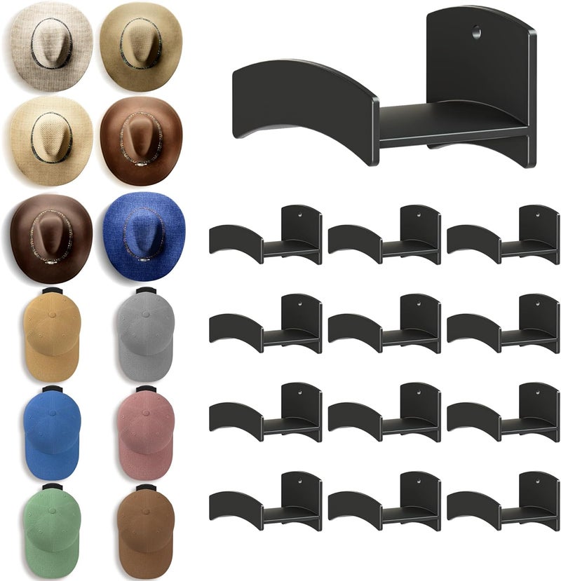 TimDonki Cowboy Hat Rack(12Pack) - Wide Brimmed Organizer - Strong Adhesive Cowboy Holder - 2.2Inch Hooks for Walls - 2 Mounting Option Holder - Hangers for Doors and Closets - Black - Image 1